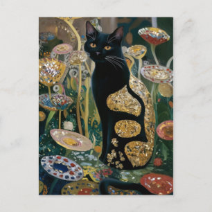 Carte Postale Gustav Klimt Chat Noir Dans un Jardin de Fleurs, A