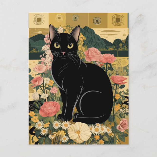 Carte Postale Gustav Klimt Chat noir dans un jardin de fleurs, A (Devant)