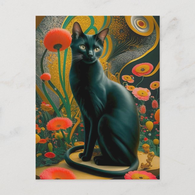 Carte Postale Gustav Klimt Chat Noir Dans un jardin de fleurs, A (Devant)