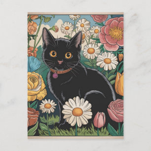 Carte Postale Gustav Klimt Chat noir dans un jardin de fleurs, A