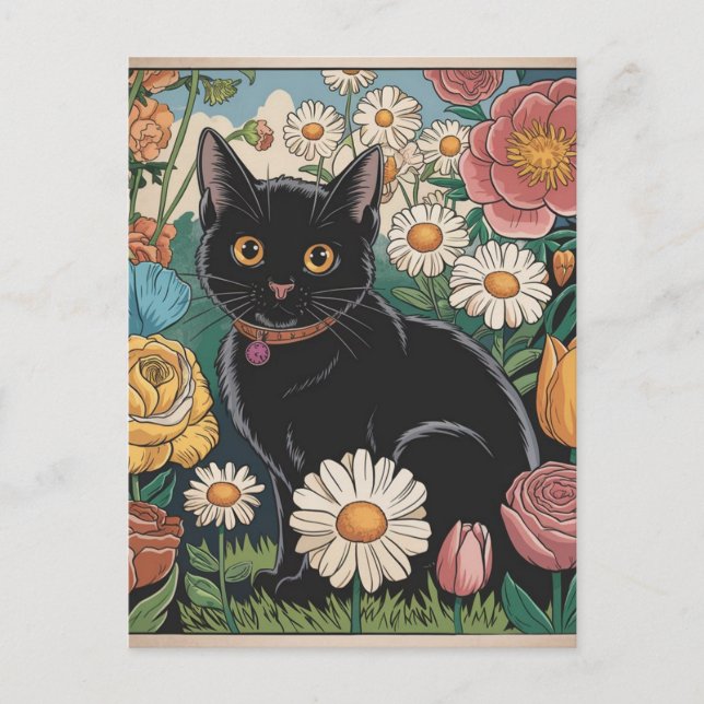 Carte Postale Gustav Klimt Chat noir dans un jardin de fleurs, A (Devant)