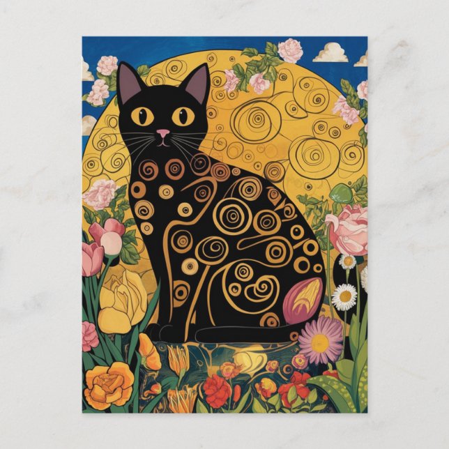 Carte Postale Gustav Klimt Chat Noir Floral, Art Éclectique Mode (Devant)