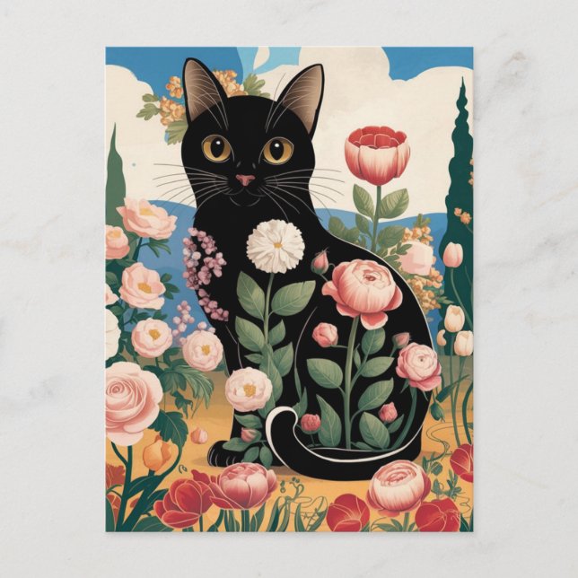 Carte Postale Gustav Klimt Fleur Chat Noir Art Moderne Éclectiqu (Devant)