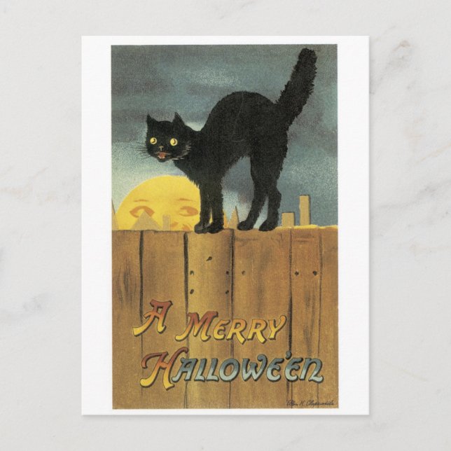 Carte Postale Halloween à l'ancienne, chat noir et pleine lune (Devant)