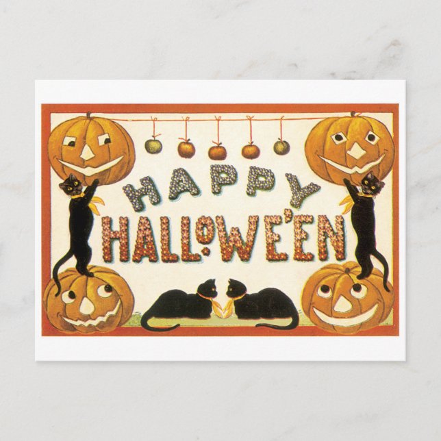 Carte Postale Halloween à l'ancienne, chats noirs (Devant)