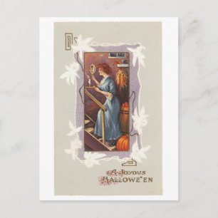 Carte Postale Halloween à l'ancienne, dame avec miroir main