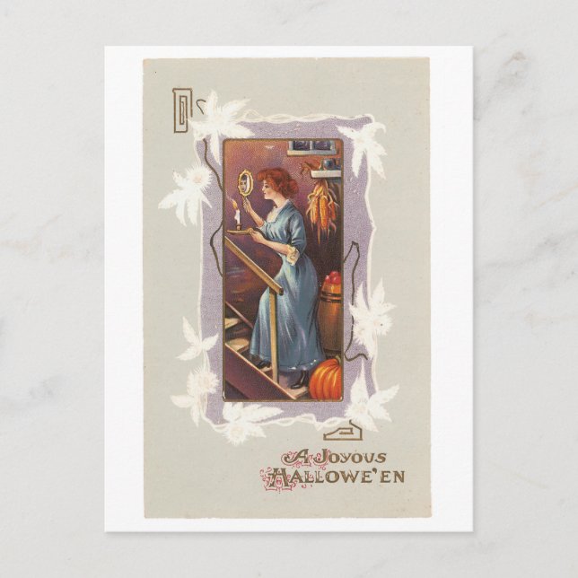 Carte Postale Halloween à l'ancienne, dame avec miroir main (Devant)