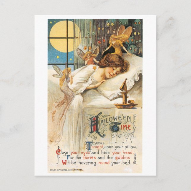 Carte Postale Halloween à l'ancienne, fille aux fées (Devant)