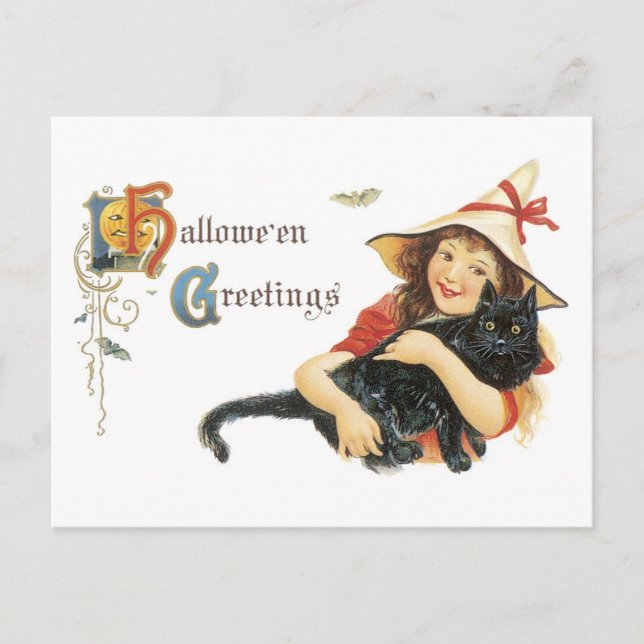Carte Postale Halloween à l'ancienne, Fille avec chat noir (Devant)