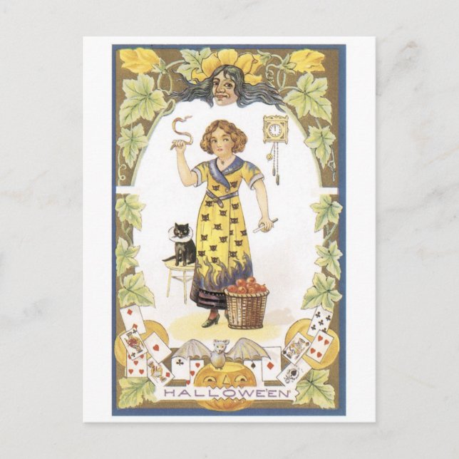 Carte Postale Halloween à l'ancienne, Fille avec chat noir (Devant)