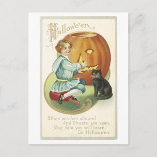Carte Postale Halloween à l'ancienne, Fille avec chat noir