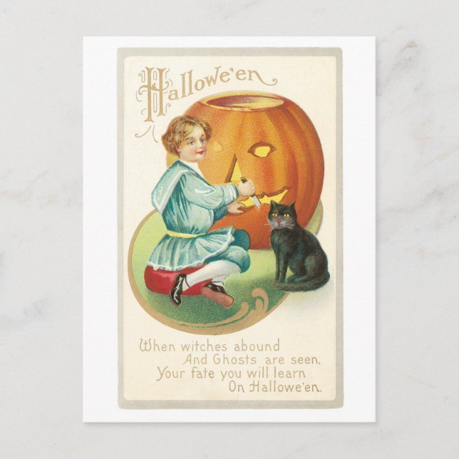 Carte Postale Halloween à l'ancienne, Fille avec chat noir (Devant)