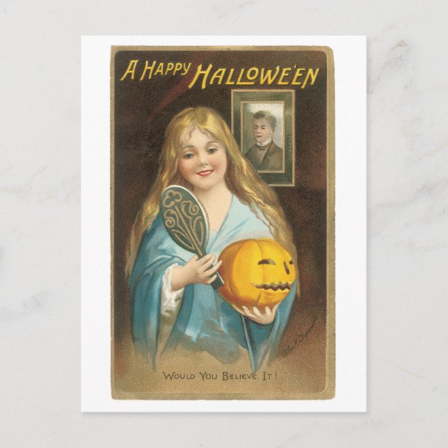 Carte Postale Halloween à l'ancienne, Fille avec miroir main (Devant)