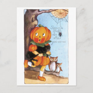 Carte Postale Halloween à l'ancienne, fille Citrouille, chat noi