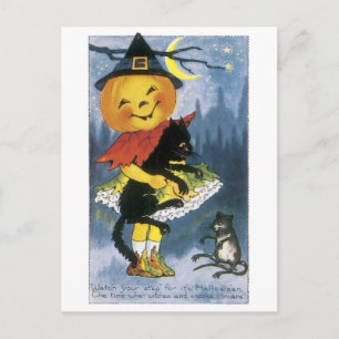 Carte Postale Halloween à l'ancienne, fille Jack-o-lanterne