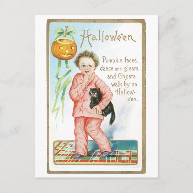 Carte Postale Halloween à l'ancienne, Garçon tenant un chat noir (Devant)