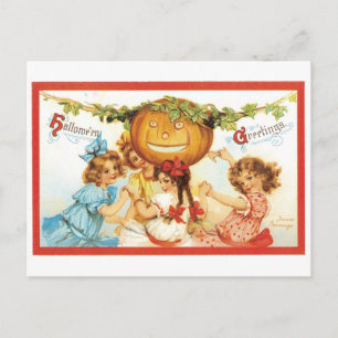 Carte Postale Halloween à l'ancienne, les filles avec Citrouille