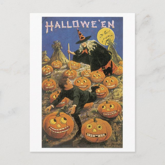 Carte Postale Halloween à l'ancienne, sorcière (Devant)