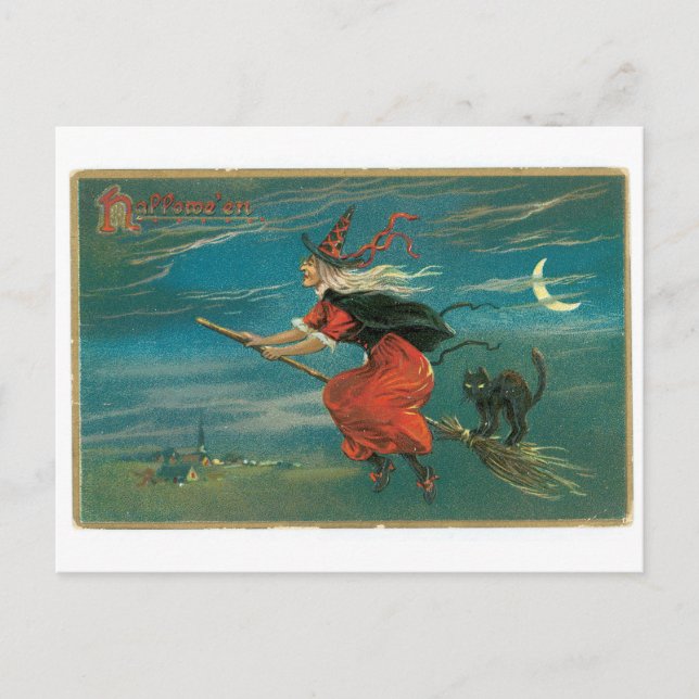 Carte Postale Halloween à l'ancienne, sorcière avec chat noir (Devant)