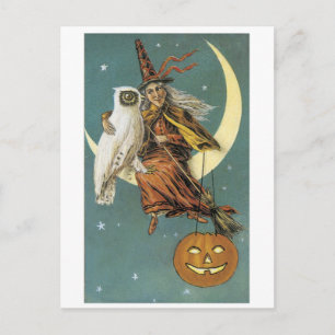 Carte Postale Halloween à l'ancienne, sorcière avec hibou