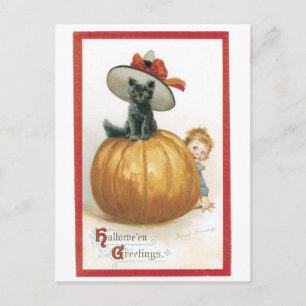 Carte Postale Halloween à l'ancienne, sorcière chat