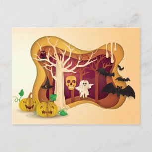 Carte Postale Halloween Arbre Papercut Fantôme et crâne