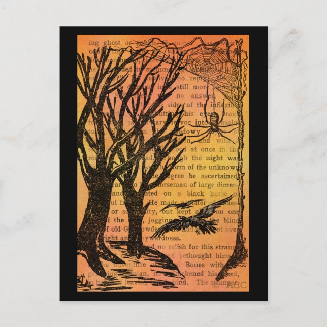 Carte Postale Halloween Arbres Éffrayants Oiseaux Spiderweb (Devant)