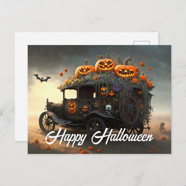 Carte Postale Halloween automobile ancienne et citrouilles (Devant / Derrière)