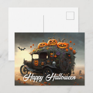 Carte Postale Halloween automobile ancienne et citrouilles