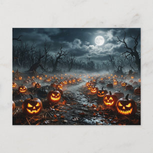 Carte Postale Halloween avec des arbres effrayants et des citrou