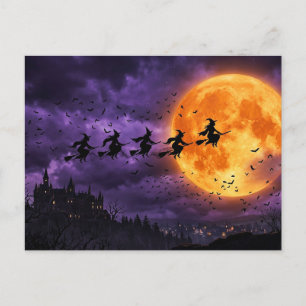 Carte Postale Halloween avec Lune et Sorcière