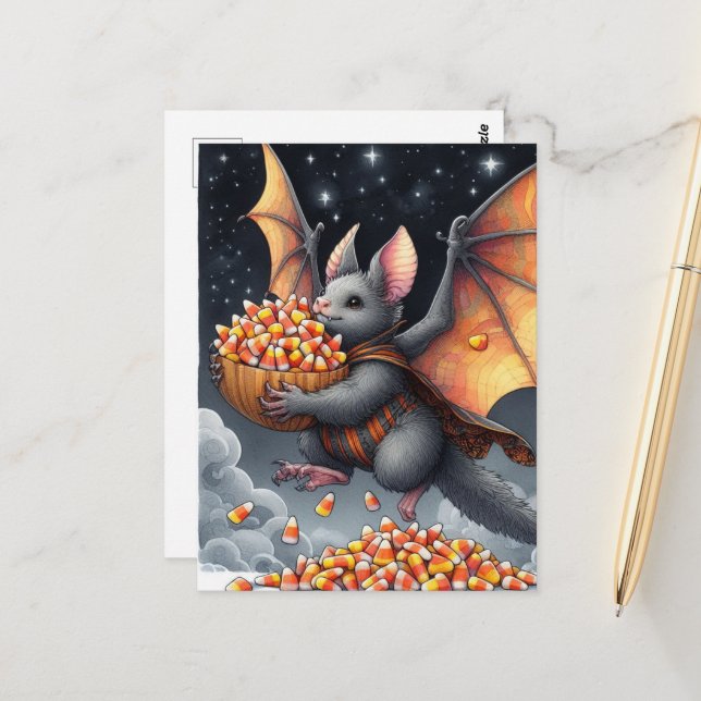 Carte Postale Halloween Bat Flying Squirrel Hybrid with Candy (Devant/Arrière en situation)