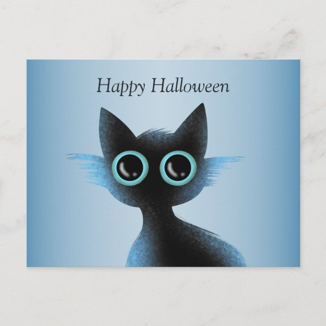 Carte Postale Halloween Big Eyes Black Blue Evil Chat (Devant)
