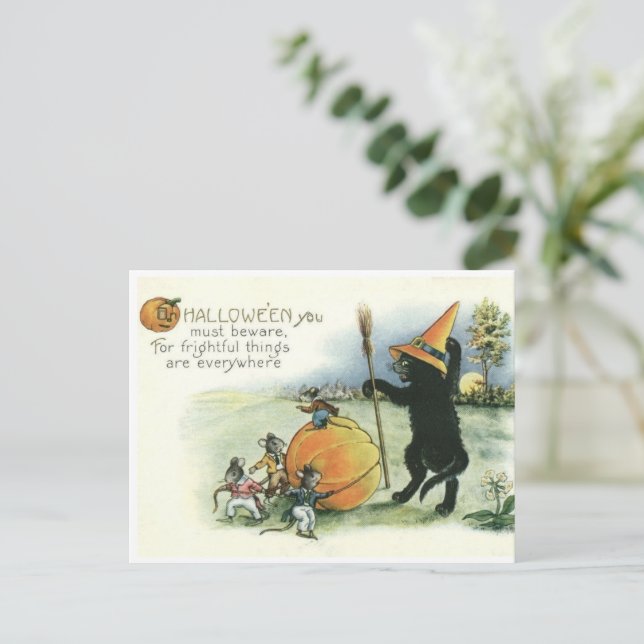 Carte Postale Halloween Black Cat Kitten Mice Mouse Postcard (Debout devant)