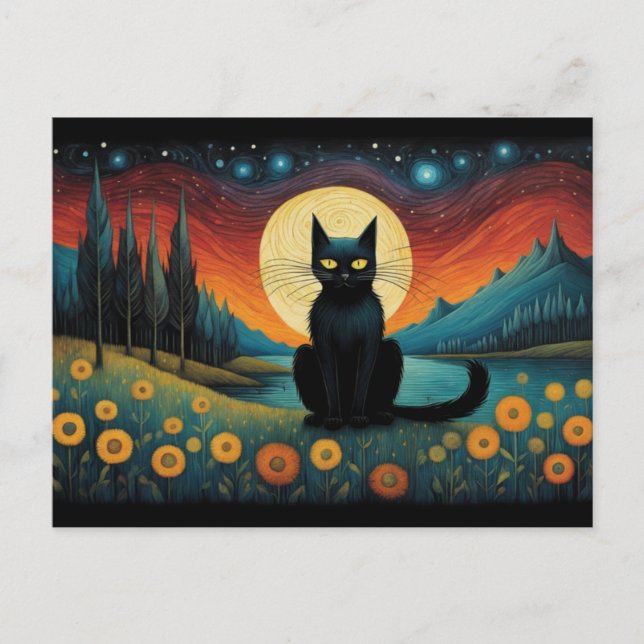 Carte Postale Halloween Black Cat Mountain Lakeside Pleine lune (Devant)