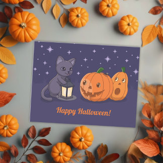 Carte Postale Halloween Black Cat Pumpkins Lantern Purple