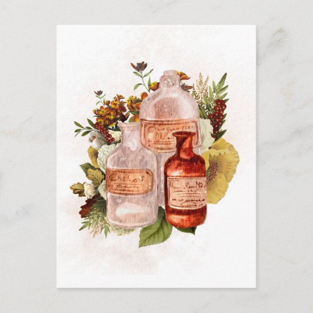 Carte Postale Halloween Bouteilles Vintages Fleurs d'automne (Devant)