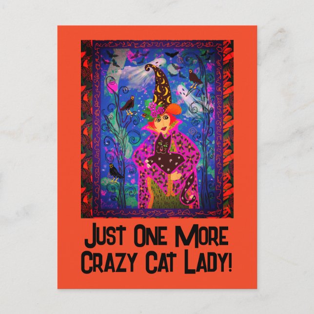Carte Postale Halloween branché Customisé Crazy Cat Lady Witch (Devant)