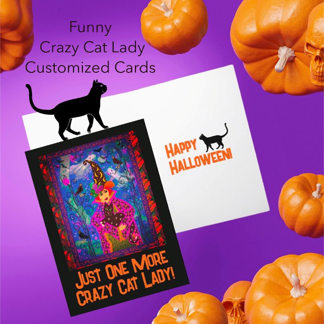 Carte Postale Halloween branché Customisé Crazy Cat Lady Witch (Halloween fun with Crazy Cat Ladiies!)