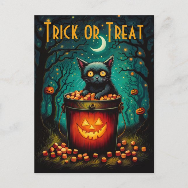 Carte Postale Halloween Candy Bucket Et Chat Noir (Devant)