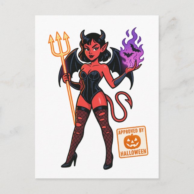 Carte Postale Halloween Cartoon Succubus - Sombre et Jouant (Devant)