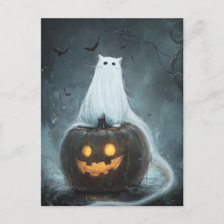 Carte Postale Halloween Cat Ghost sur Jack-o'-lantern