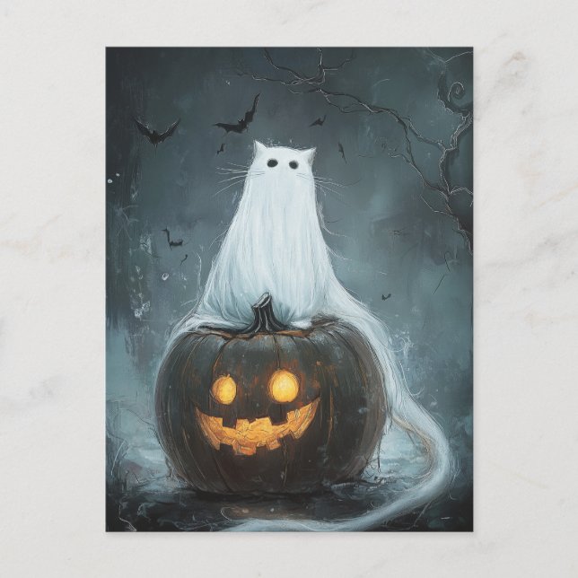 Carte Postale Halloween Cat Ghost sur Jack-o'-lantern (Devant)
