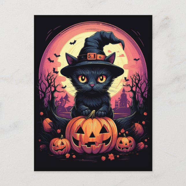 Carte Postale Halloween CAT noir avec Citrouille et CASQUETTE de (Devant)