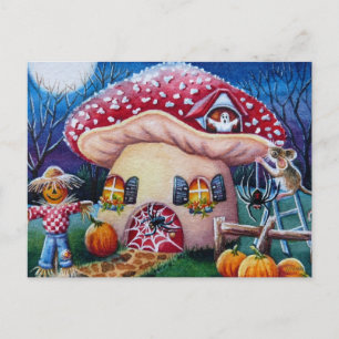 Carte Postale Halloween Champignon Souris Maison Araignées Aquar