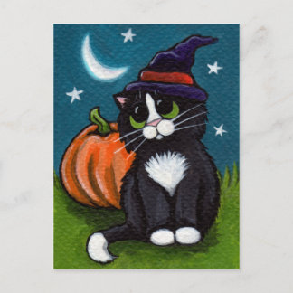 Carte Postale Halloween Chat de sorcière et illustration Citroui