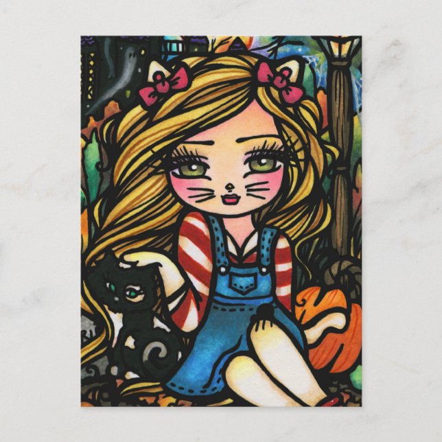 Carte Postale Halloween Chat Haunted Maison Fille Imaginaire Art (Devant)