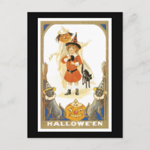 Carte Postale Halloween Chat noir et sorcière fille