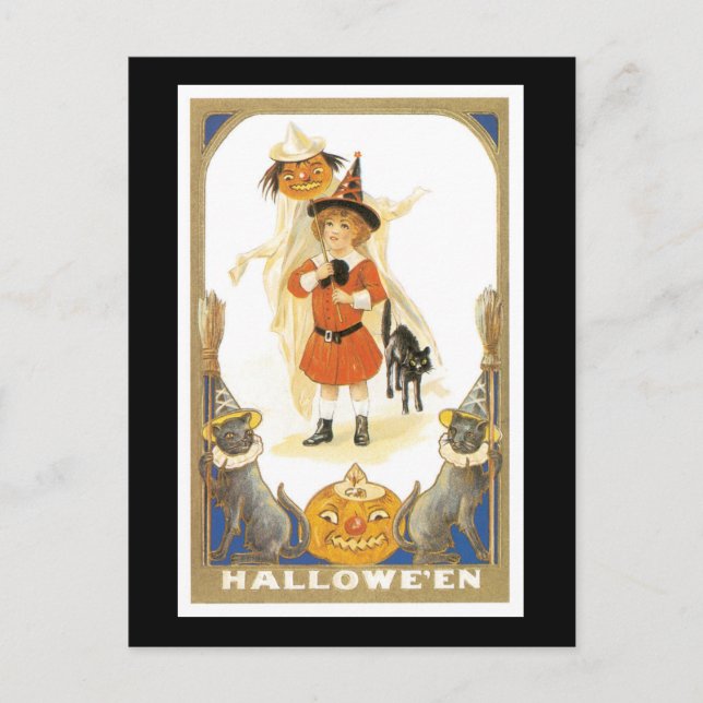 Carte Postale Halloween Chat noir et sorcière fille (Devant)