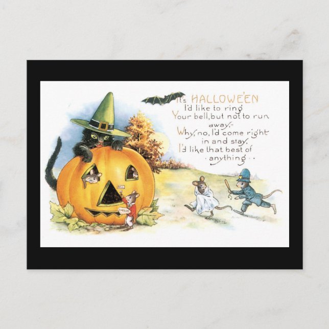 Carte Postale Halloween Chat noir et souris (Devant)